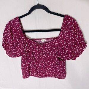 5/$25 Garage Burgundy Ditsy Floral Button Front Smocked Puff Sleeve Crop Top XS